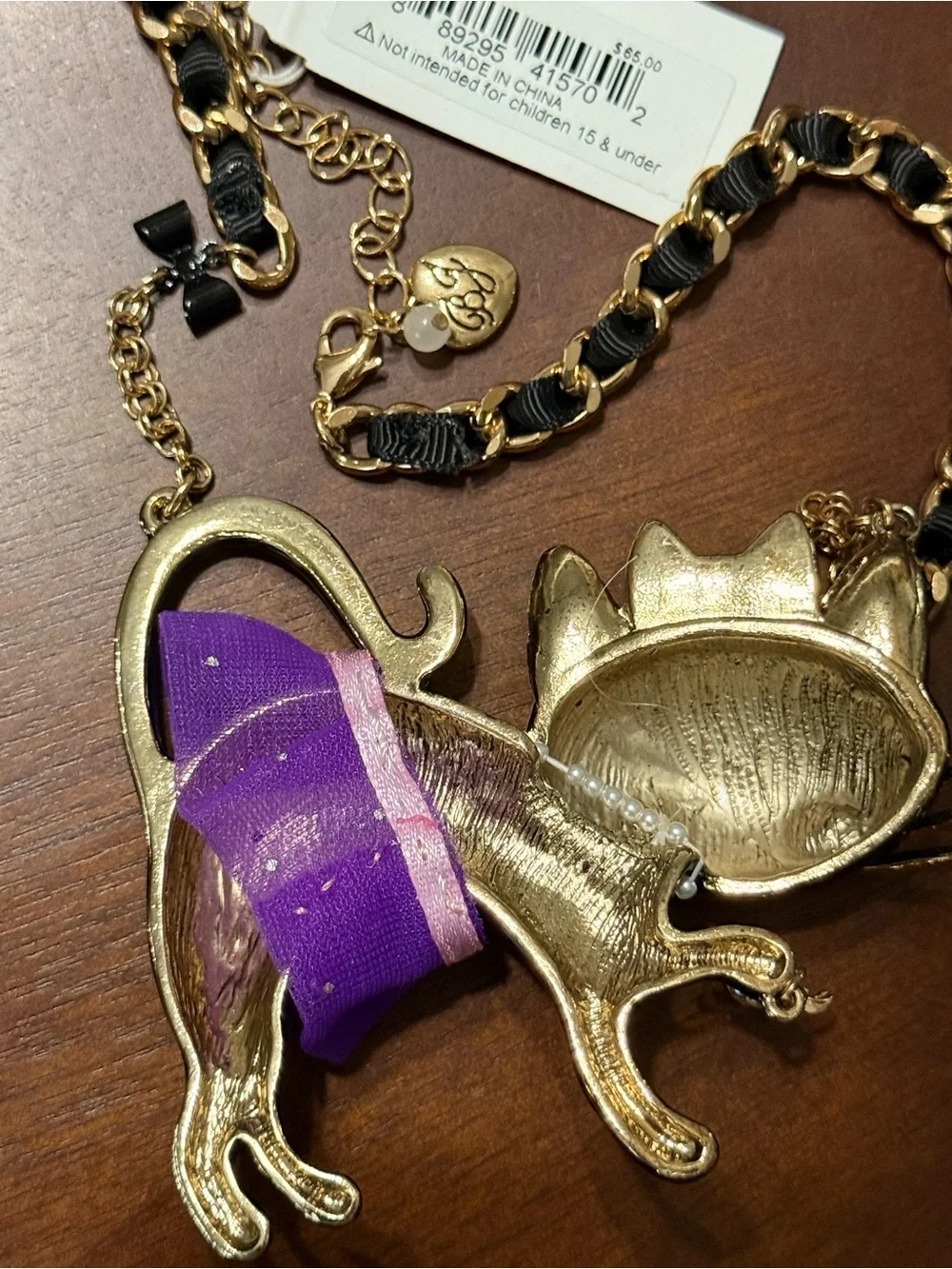 Betsey Johnson Black Cat Necklace with Purple Skirt & Yellow Eyes